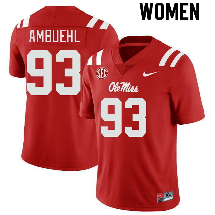 Women #93 Davis Ambuehl Ole Miss Rebels College Football Jerseyes Stitched Sale-Red